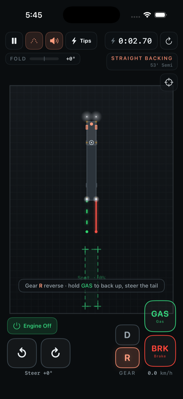 Trailer Parking Sim gameplay — reversing a 53-foot semi